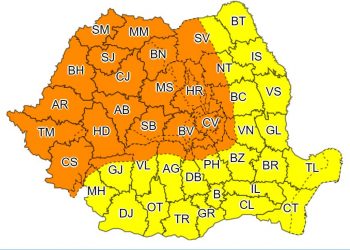 Cod portocaliu de ploi torenţiale în 27 de judeţe, până joi seara; instabilitate atmosferică în majoritatea regiunilor