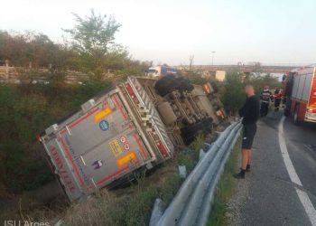 Argeş: Un camion încărcat cu porci s-a răsturnat la intrarea pe A1; pompierii au intervenit pentru salvarea animalelor