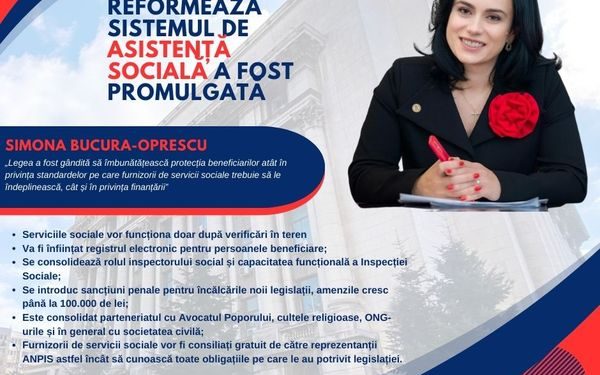Simona Bucura-Oprescu: Noua lege a asistenței sociale a fost promulgată