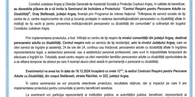 Seminar de închidere a proiectului Modernizarea și dotarea Centrului de Servicii de Recuperare Neuromotorie de Tip Ambulatoriu Mioveni