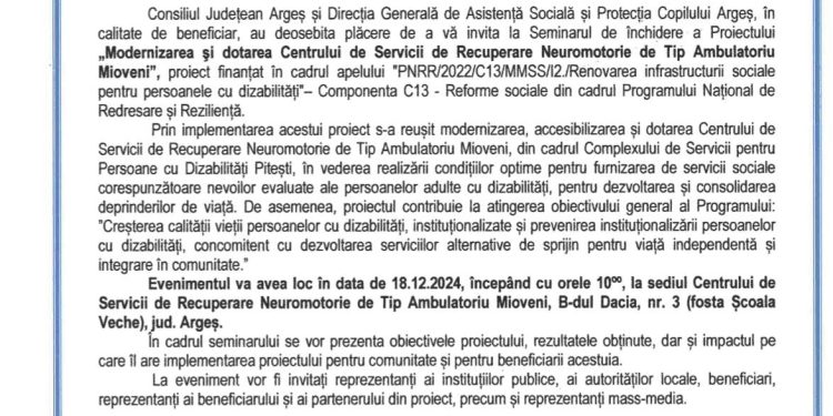 Seminar de închidere a proiectului Modernizarea și dotarea Centrului de Servicii de Recuperare Neuromotorie de Tip Ambulatoriu Mioveni