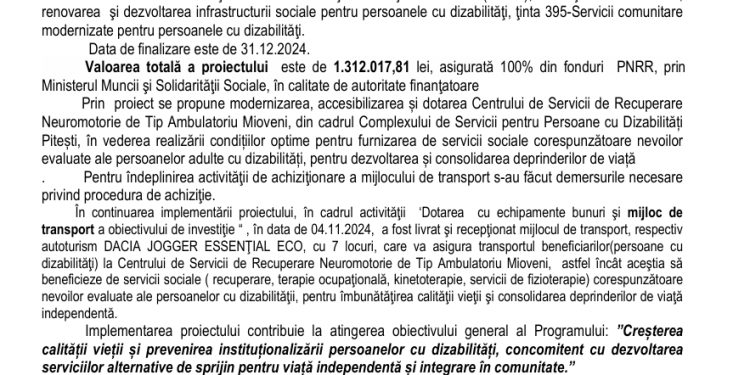 Modernizarea şi dotarea Centrului de Servicii de Recuperare Neuromotorie de Tip Ambulatoriu Mioveni