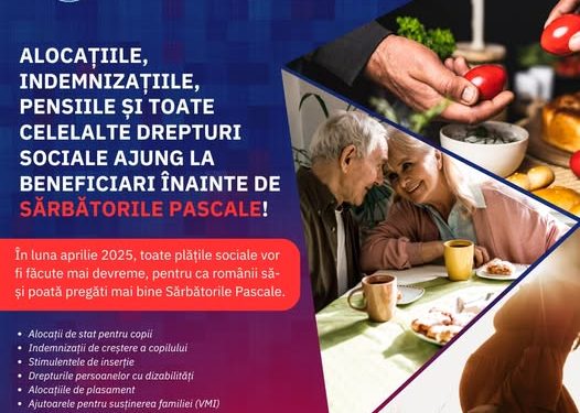 Alocațiile pentru copii, indemnizațiile, pensiile și toate celelalte drepturi sociale ajung la beneficiari înainte de Sărbătorile Pascale!