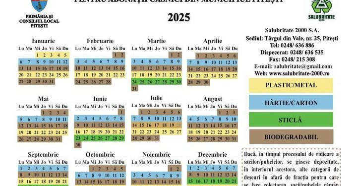 Reamintire: Graficul de colectare a deșeurilor reciclabile pentru abonații casnici din municipiul Pitești în 2025!
