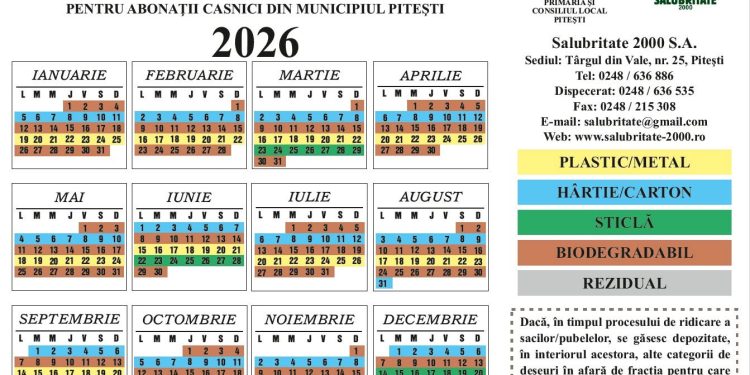 Graficul de colectare a deșeurilor reciclabile pentru abonații casnici din municipiul Pitești pentru anul 2026!