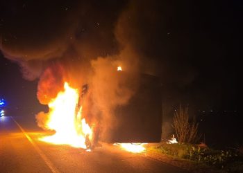 Intervenție nocturnă a pompierilor din Bradu: o autoutilitară, aproape complet distrusă de flăcări