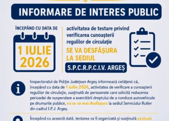 Începând cu data de 1 iulie 2026, activitatea de testare privind verificarea cunoașterii regulilor de circulație se va desfășura la sediul S.P.C.R.P.C.I.V. Argeș
