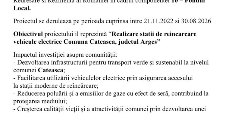 Comuna Căteasca anunță finalizarea proiectului „Realizare stații de reîncărcare vehicule electrice”