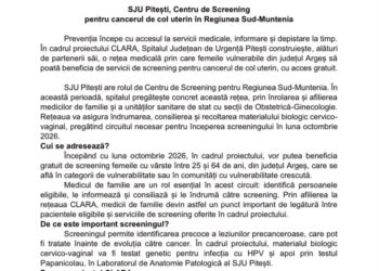 Vești bune pentru femeile din Argeș! Screening gratuit pentru cancerul de col uterin, din octombrie