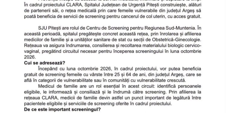 Vești bune pentru femeile din Argeș! Screening gratuit pentru cancerul de col uterin, din octombrie